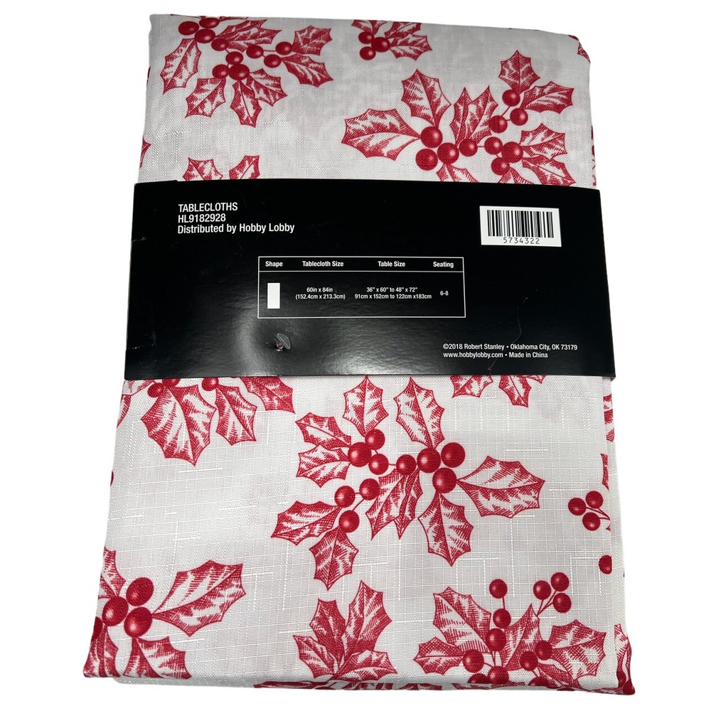 Fabric Tablecloth Christmas Robert Stanley Holly Pattern 60" X 84" Red White